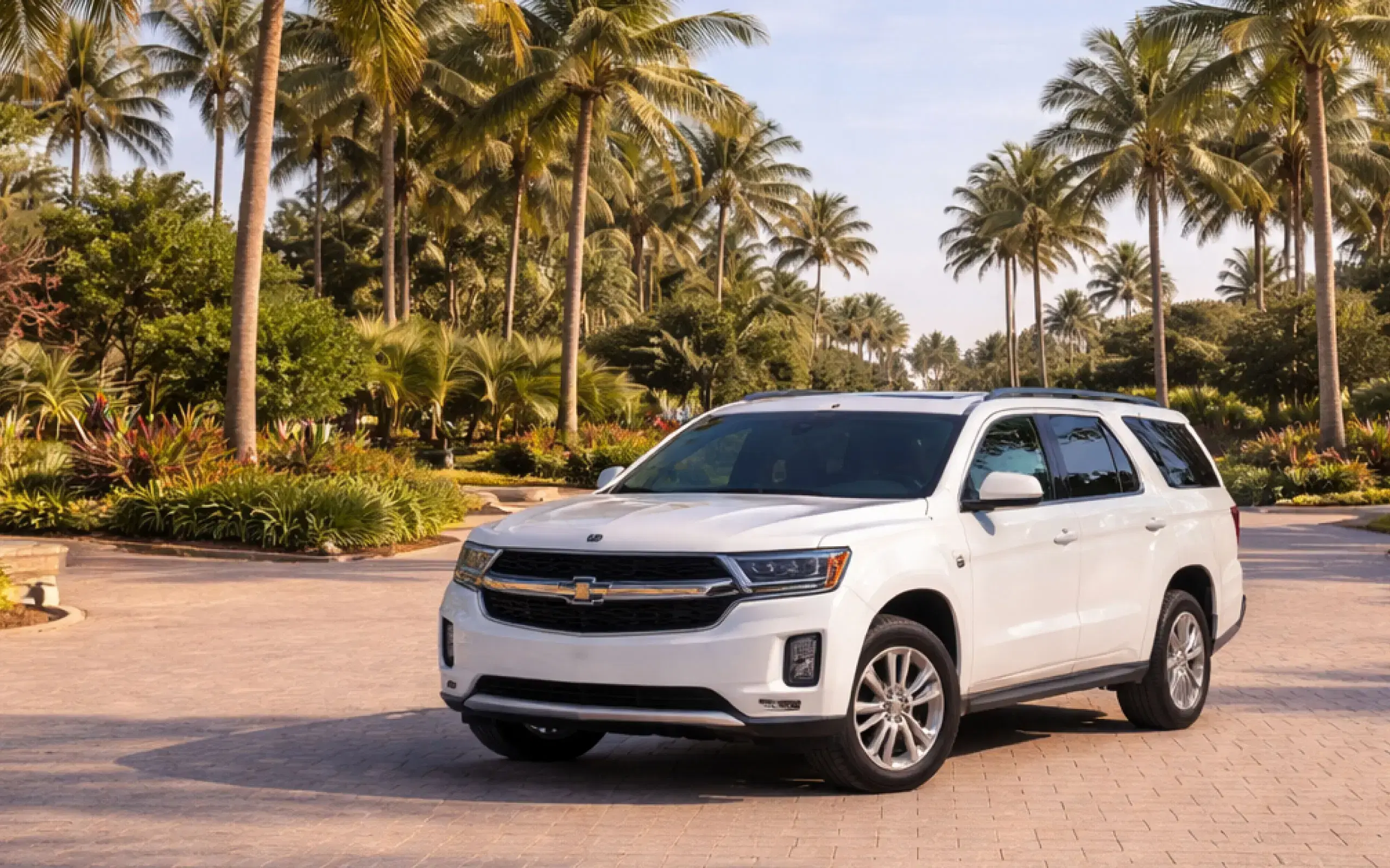Private transfer SUV parked along a palm-lined resort driveway